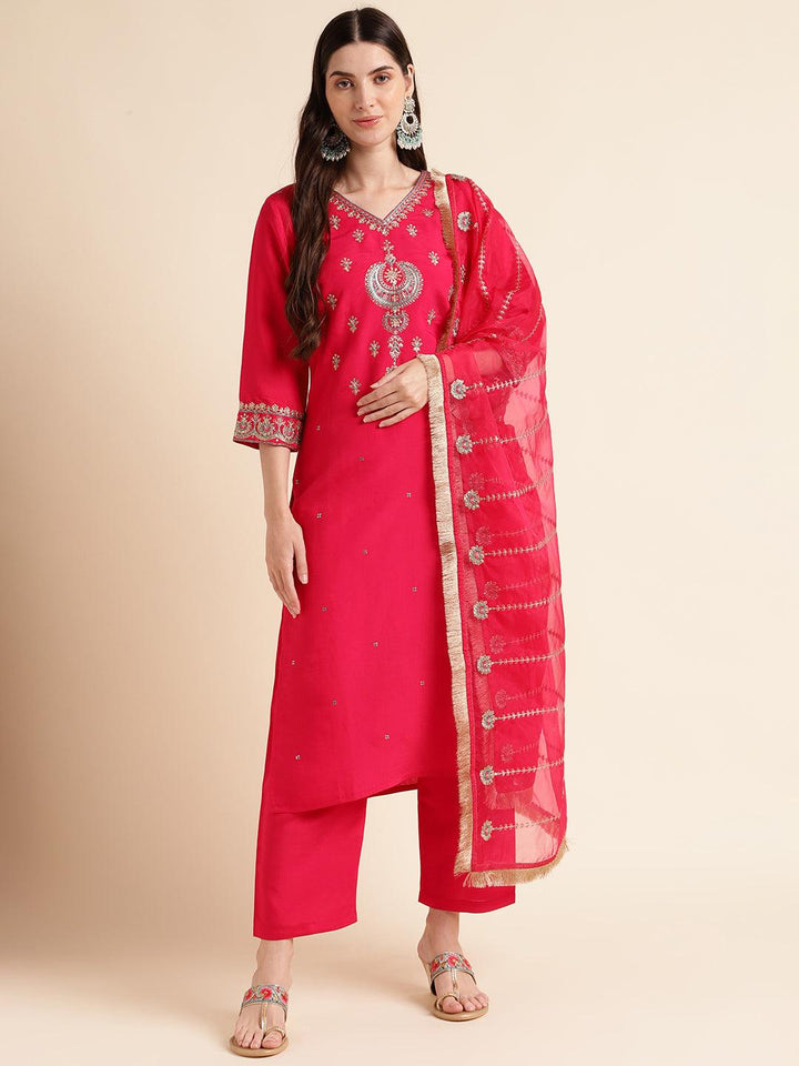 Pink Embroidered solid kurta with pant dupatta set - VJV Now