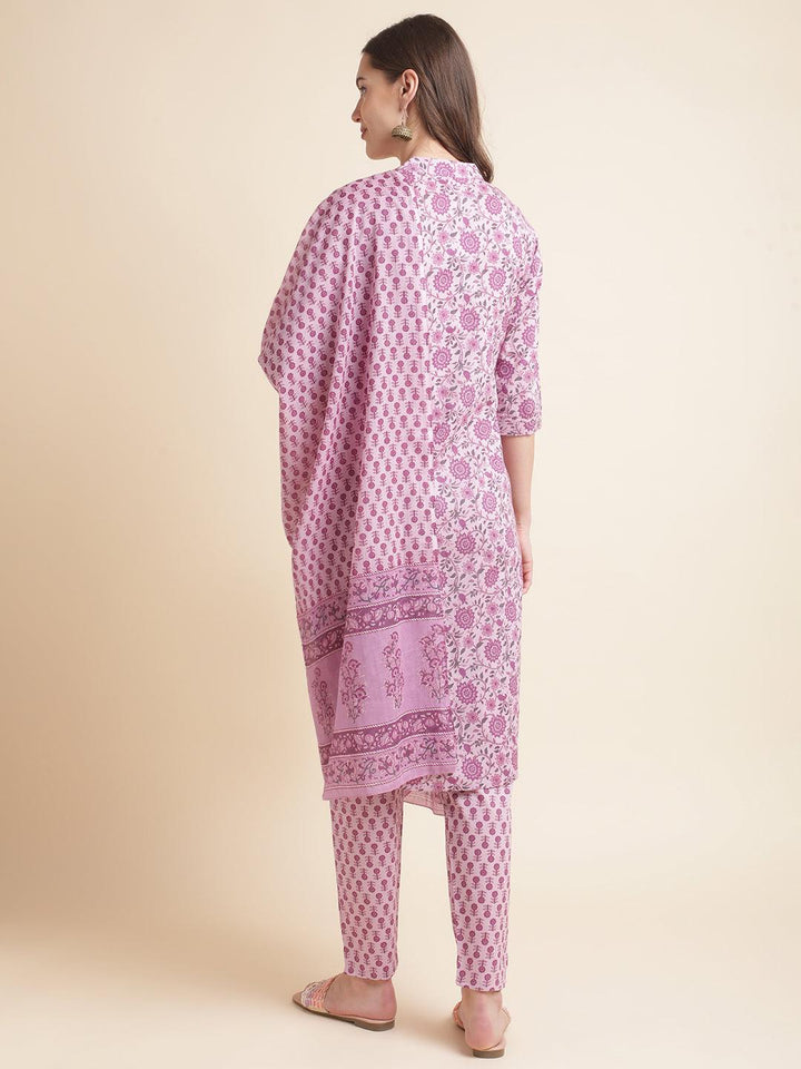 Pink Floral print pure cotton kurta with trousers &dupatta set - VJV Now