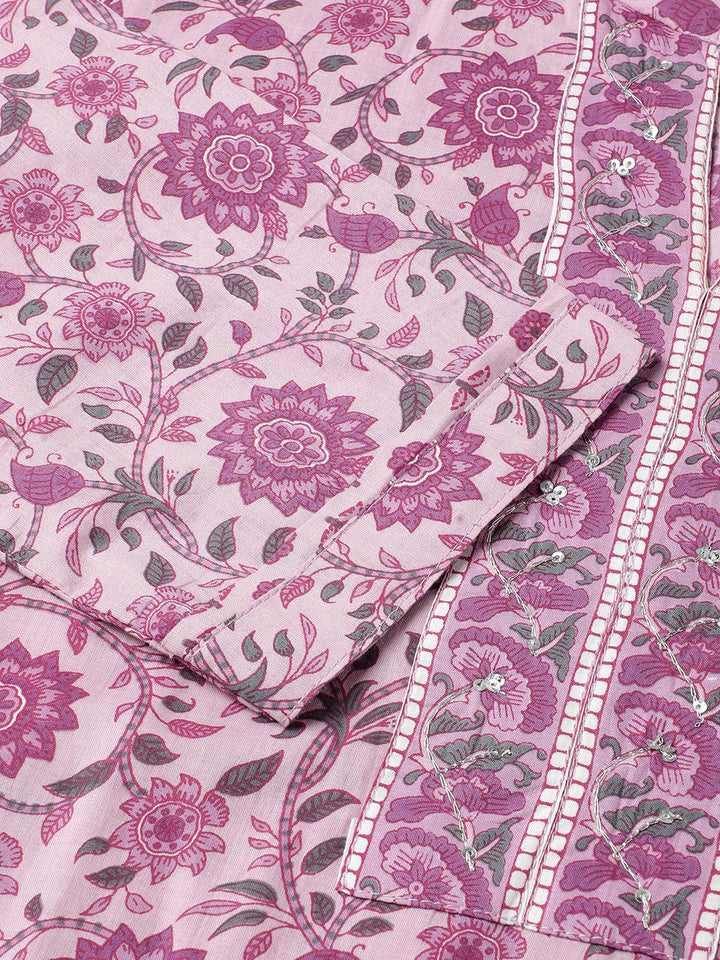 Pink Floral print pure cotton kurta with trousers &dupatta set - VJV Now