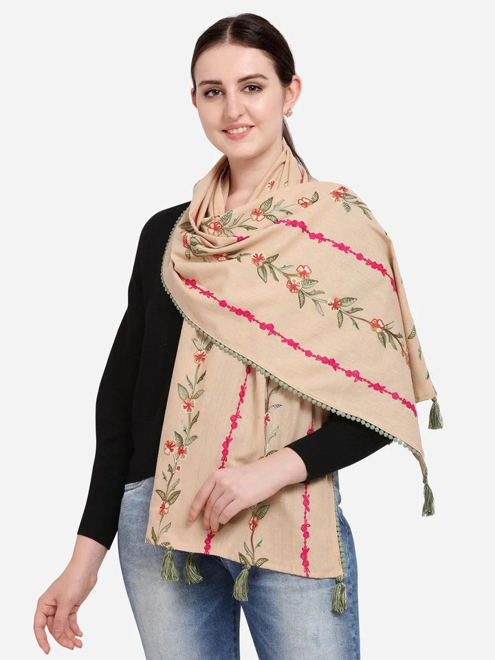 Pink Olive Flower Embroidered Khadi Beige Stole - VJV Now