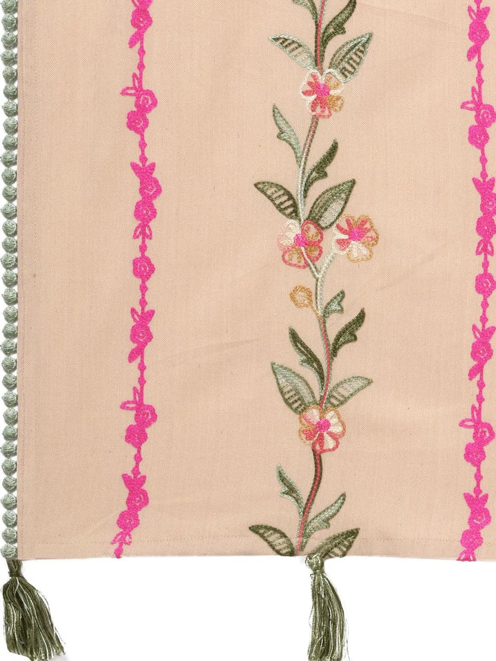 Pink Olive Flower Embroidered Khadi Beige Stole - VJV Now