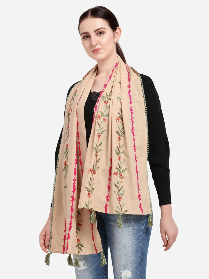 Pink Olive Flower Embroidered Khadi Beige Stole - VJV Now