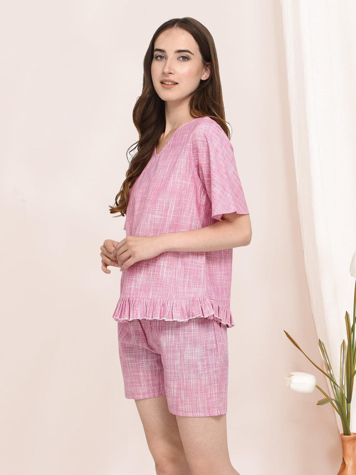 Pink Pleated V-Neck Night Top & Short Pant - VJV Now
