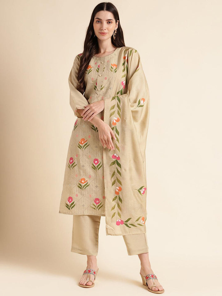 Pista green floral print kurta suit with fancy dupatta set - VJV Now
