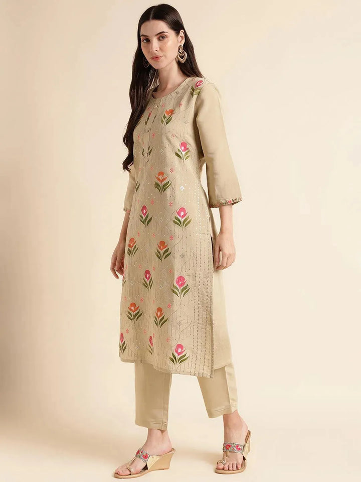 Pista green floral print kurta suit with fancy dupatta set - VJV Now