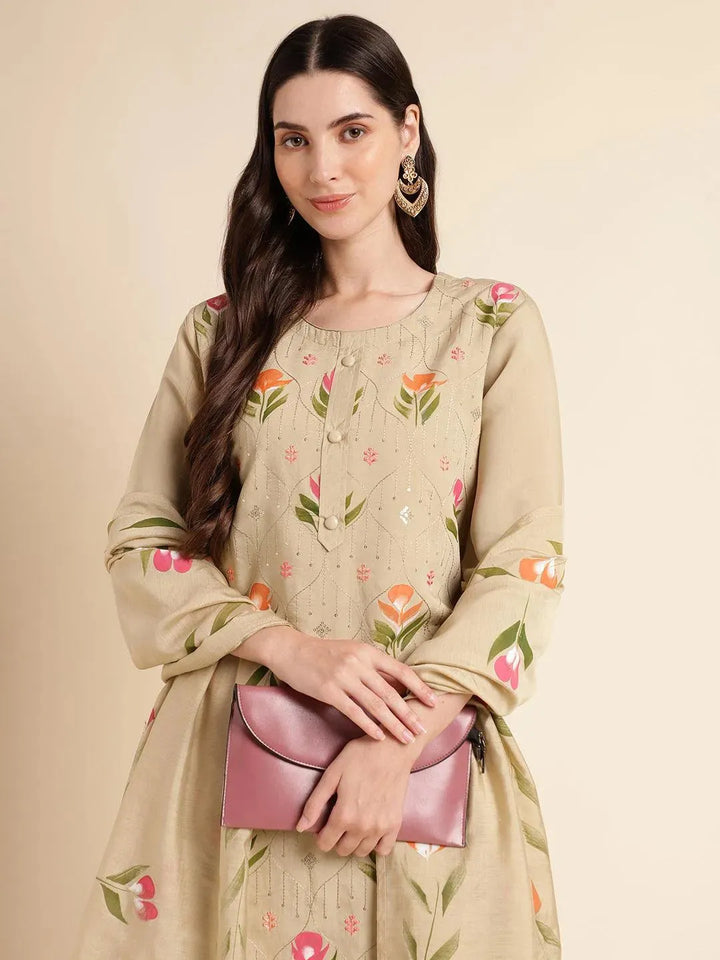 Pista green floral print kurta suit with fancy dupatta set - VJV Now