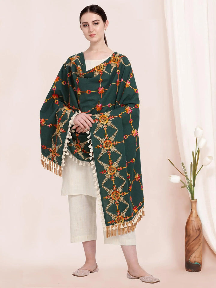 Poison Green Heavily Aari Embroidered Khadi Shawl/Dupatta with Kaccha Tassel Lace - VJV Now