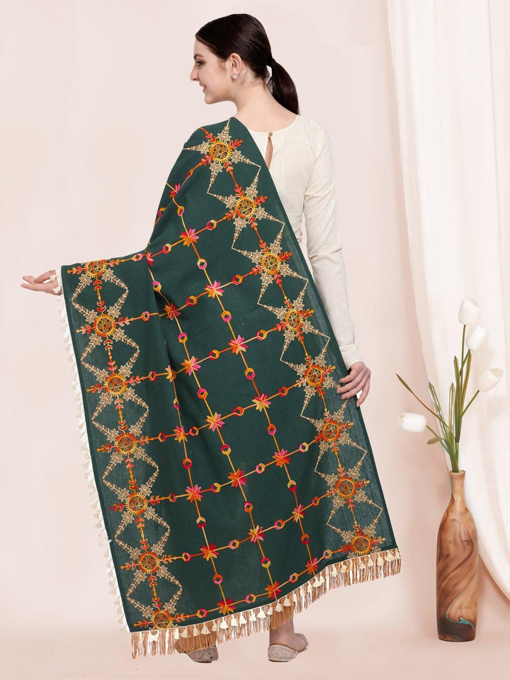Poison Green Heavily Aari Embroidered Khadi Shawl/Dupatta with Kaccha Tassel Lace - VJV Now