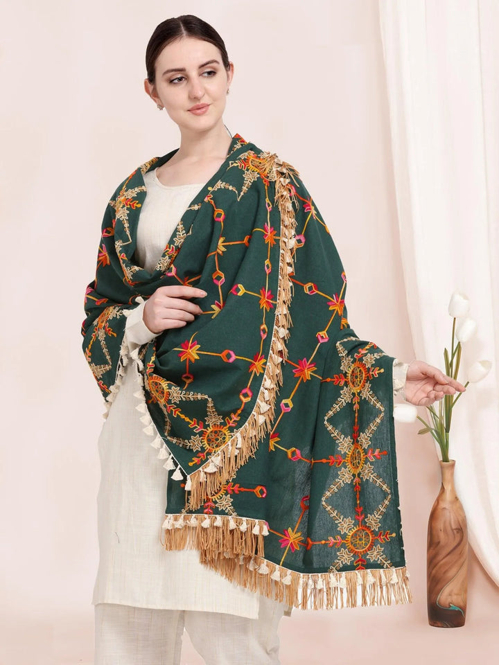 Poison Green Heavily Aari Embroidered Khadi Shawl/Dupatta with Kaccha Tassel Lace - VJV Now