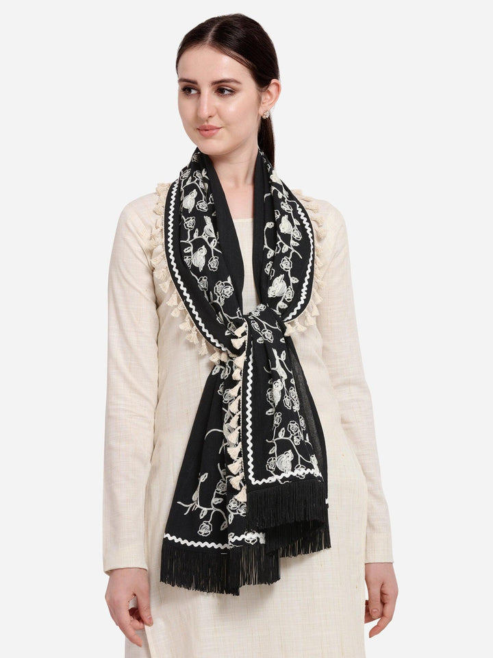 Pure Khadi Black Color Floral Embroidered stole or Dupatta - VJV Now