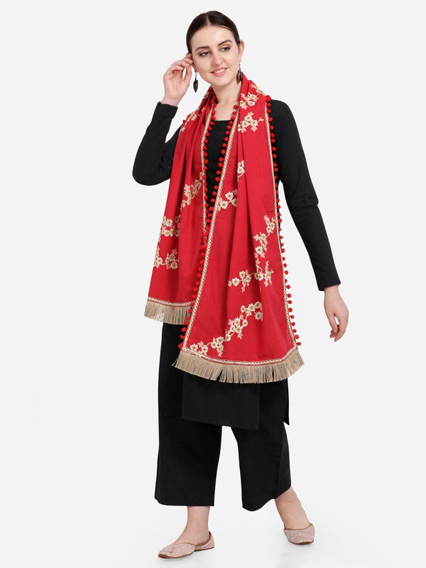 Pure Khadi Blood Red Embroidered stole or Dupatta - VJV Now