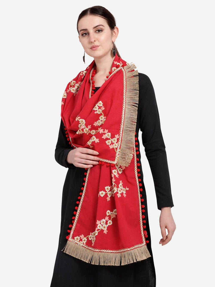 Pure Khadi Blood Red Embroidered stole or Dupatta - VJV Now