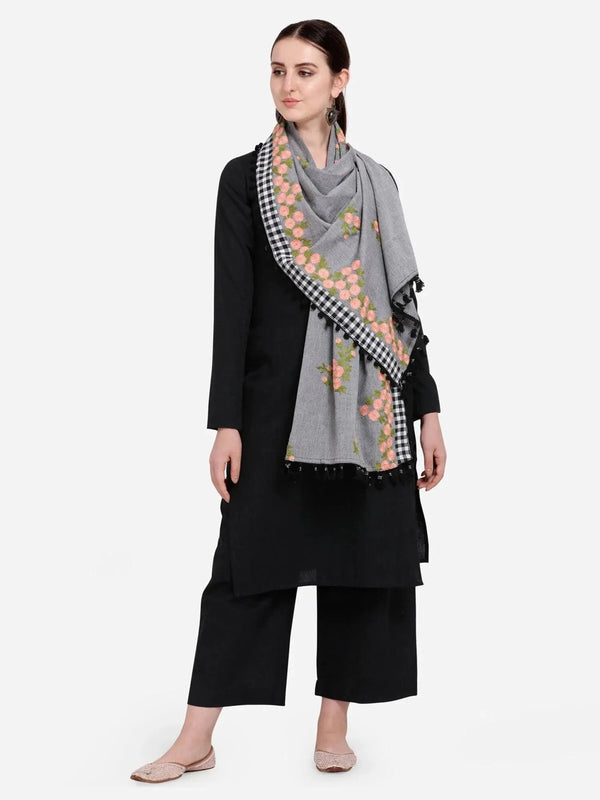 Pure Khadi Gray Chex Border Embroidered Dupatta or stole - VJV Now