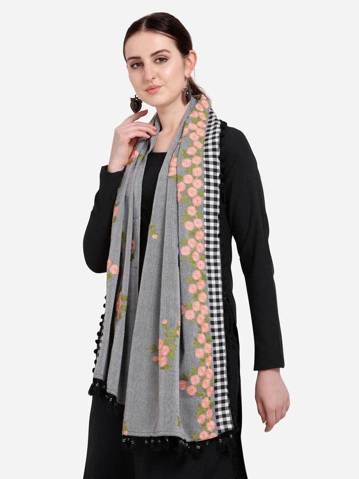 Pure Khadi Gray Chex Border Embroidered Dupatta or stole - VJV Now