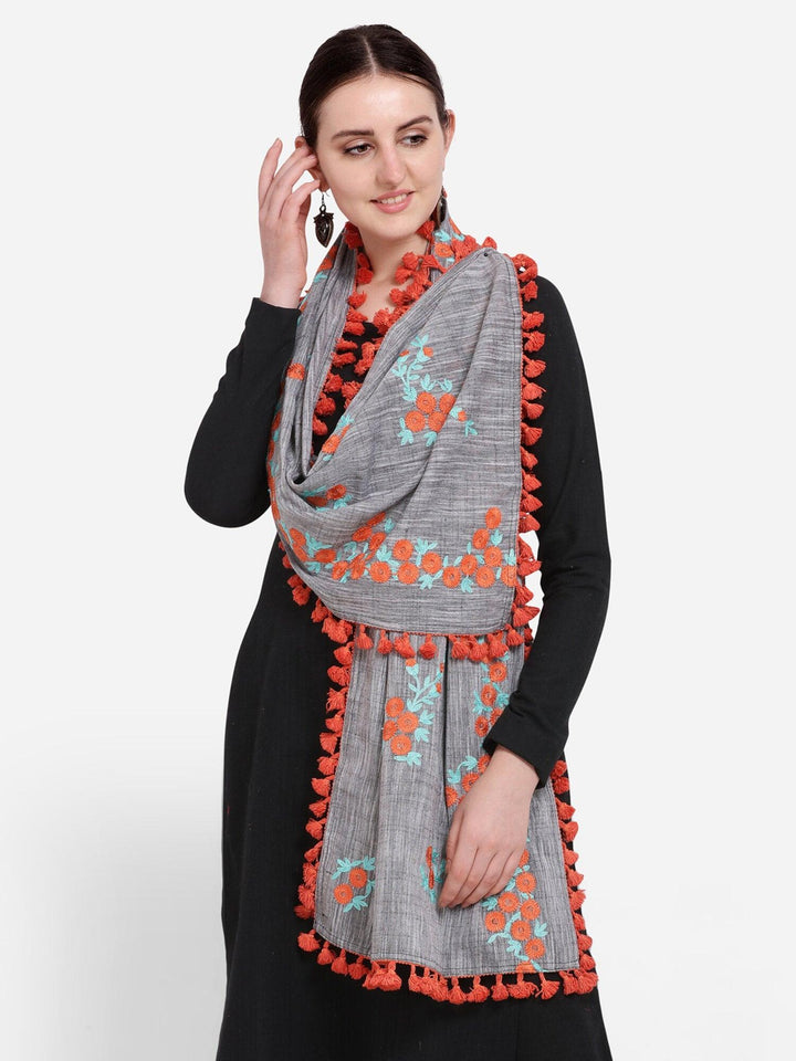 Pure Khadi Gray Color Floral Embroidered Dupatta or stole With Teassel Lace - VJV Now
