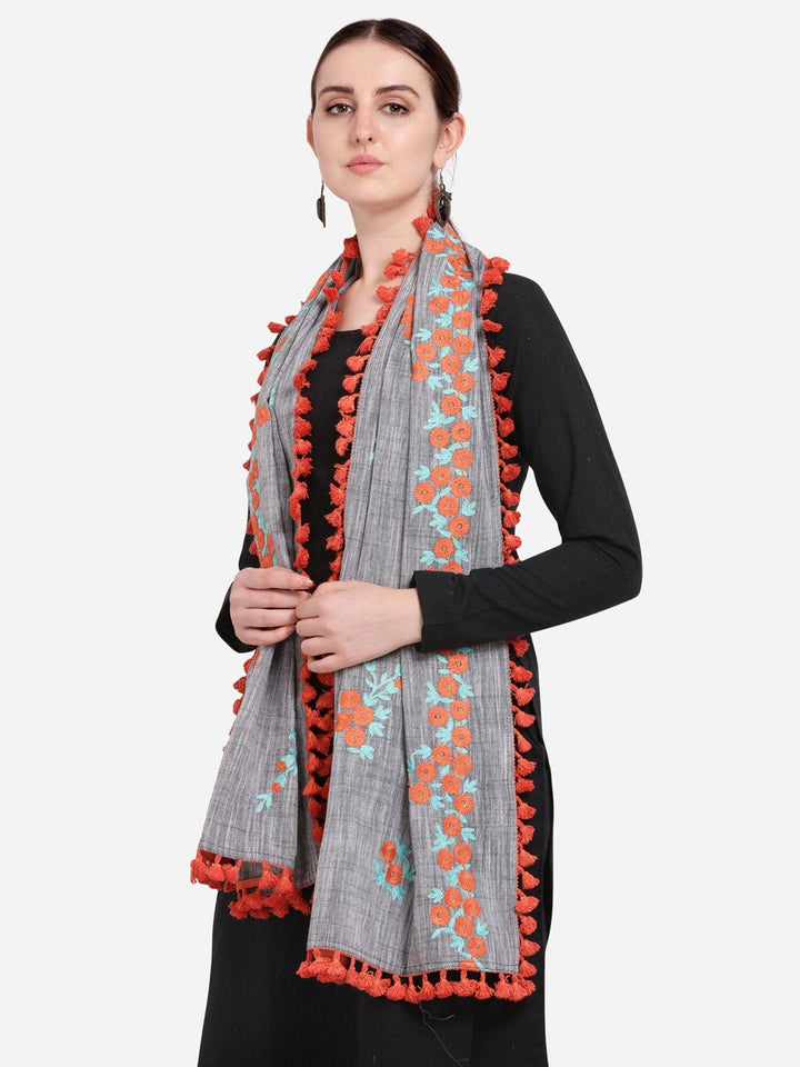 Pure Khadi Gray Color Floral Embroidered Dupatta or stole With Teassel Lace - VJV Now