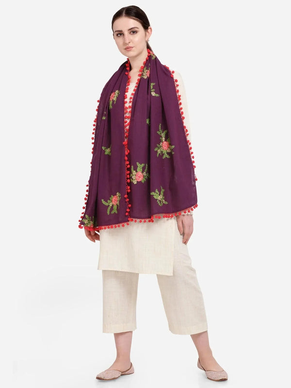 Pure khadi purple floral bunch dupatta with tomato pom pom - VJV Now