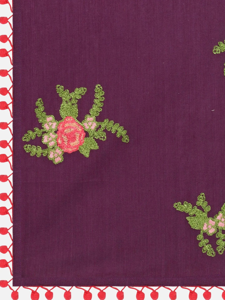 Pure khadi purple floral bunch dupatta with tomato pom pom - VJV Now