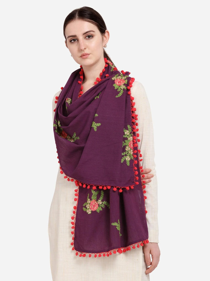 Pure khadi purple floral bunch dupatta with tomato pom pom - VJV Now