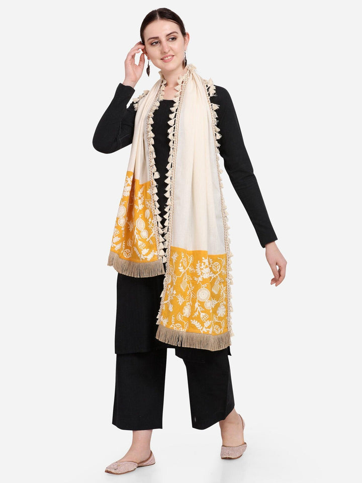 Pure Khadi Yellow Makhi panel Embroidered stole or Dupatta - VJV Now