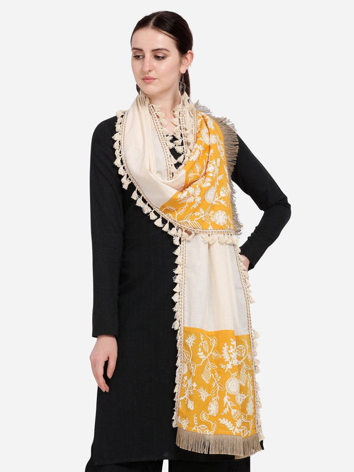 Pure Khadi Yellow Makhi panel Embroidered stole or Dupatta - VJV Now