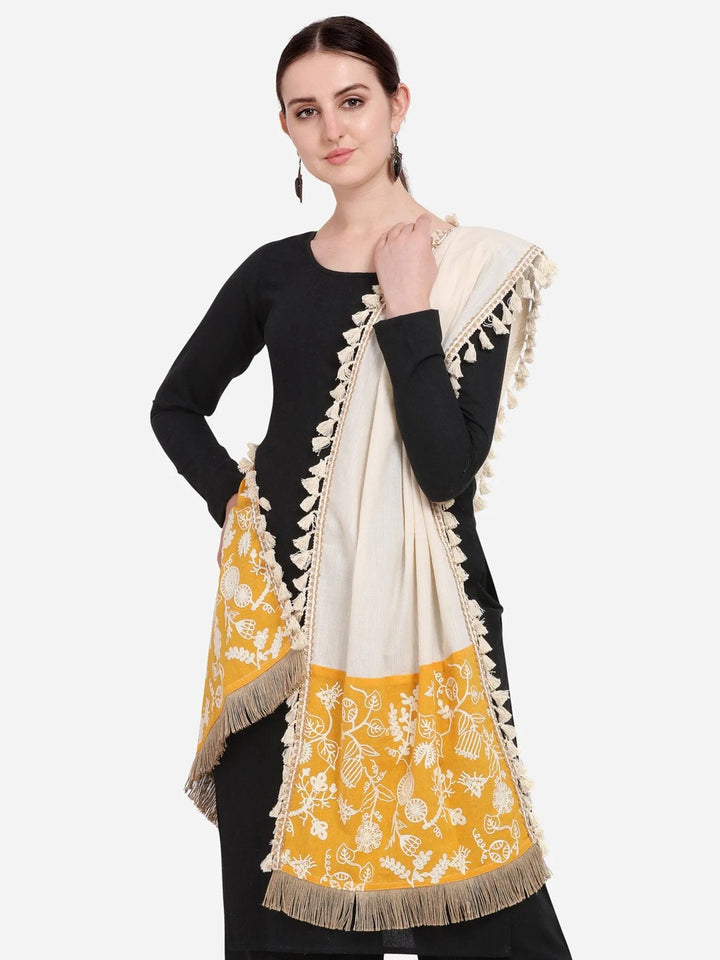 Pure Khadi Yellow Makhi panel Embroidered stole or Dupatta - VJV Now