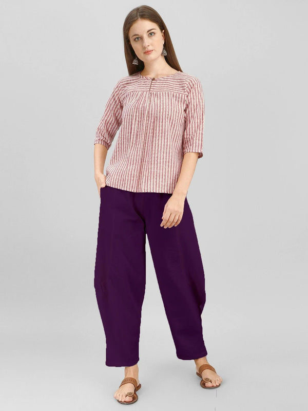 Purple Dhoti Pants And Pink Strip Top Set - VJV Now