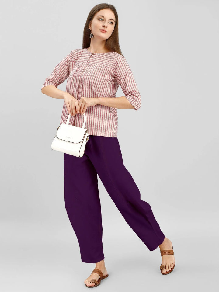 Purple Dhoti Pants And Pink Strip Top Set - VJV Now