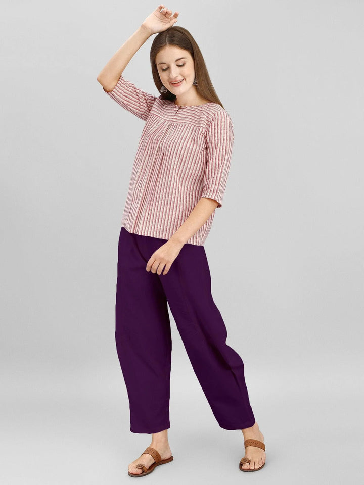 Purple Dhoti Pants And Pink Strip Top Set - VJV Now