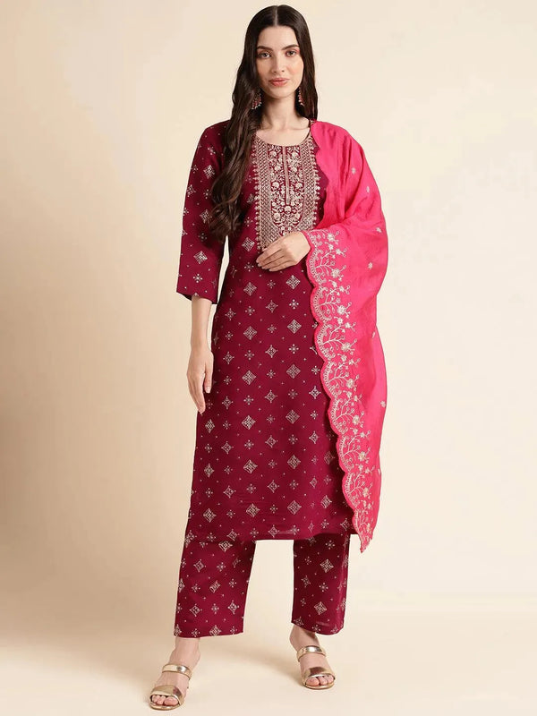 Purple Embroidered silk blend straight kurta with pant & dupatta - VJV Now