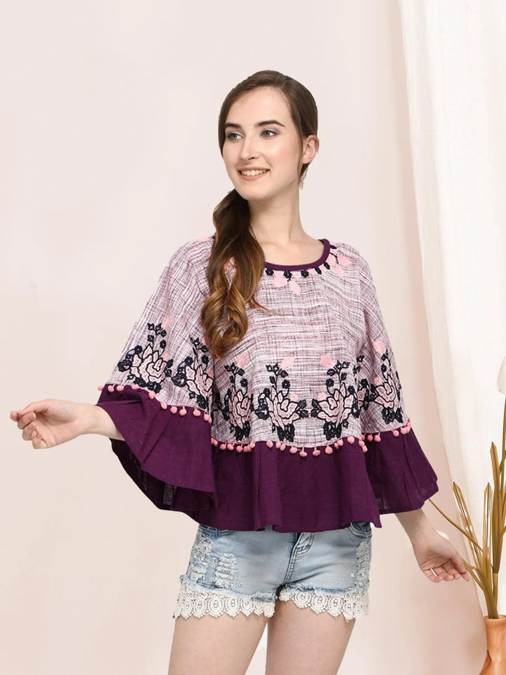 Purple Frill Slub Khadi Poncho - VJV Now