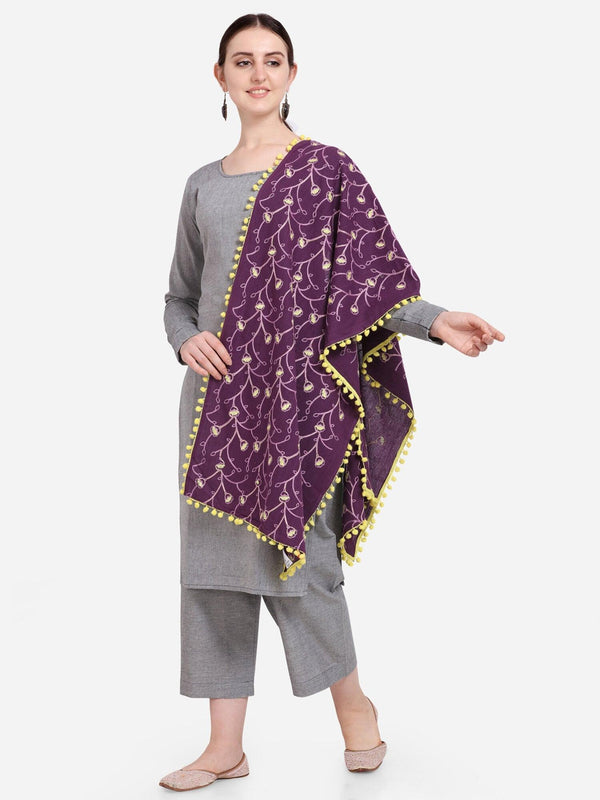 Purple Khadi Dupatta or stole With Yellow Pompom - VJV Now
