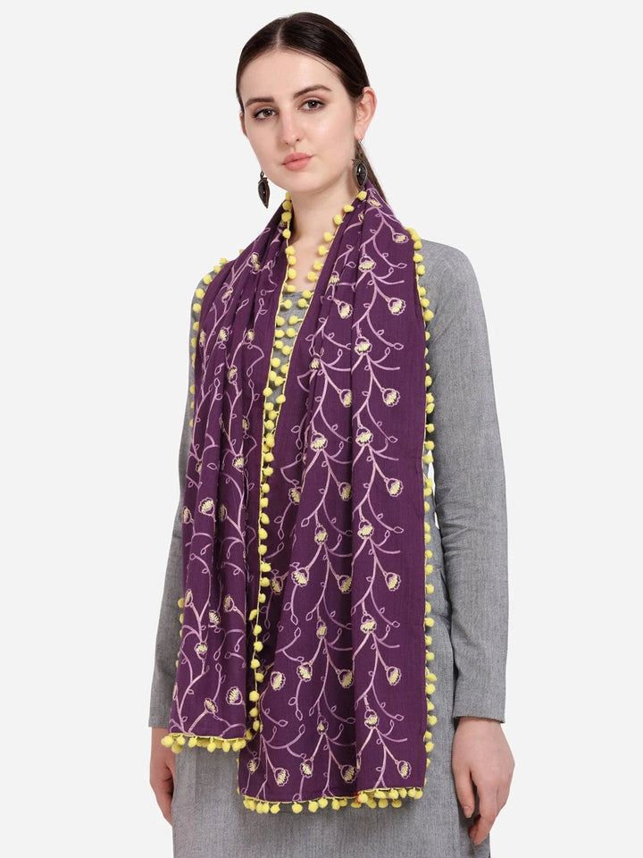 Purple Khadi Dupatta or stole With Yellow Pompom - VJV Now