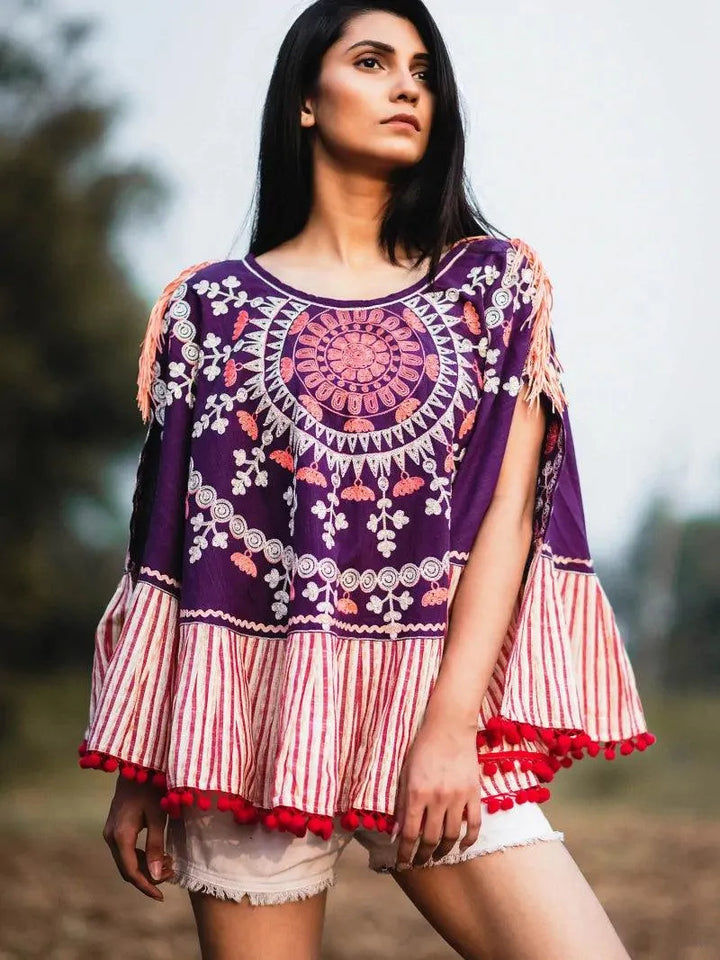 Purple Sunrays Embroidered Circular Cape - VJV Now