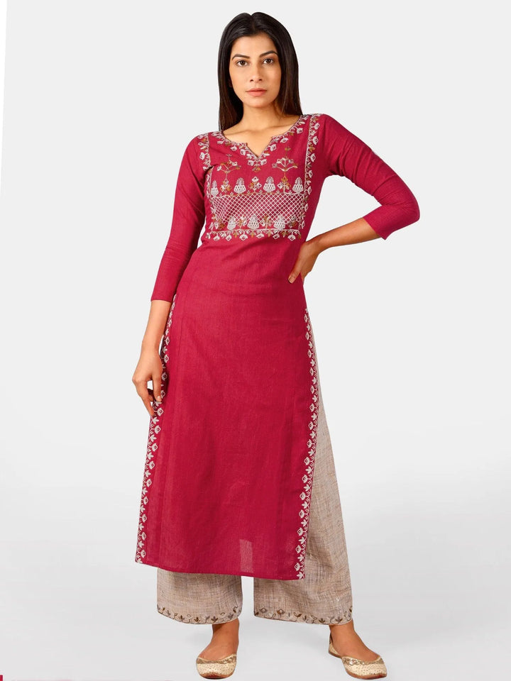 Red embroidered yoke princes line kurta with cream palazzo pant - VJV Now