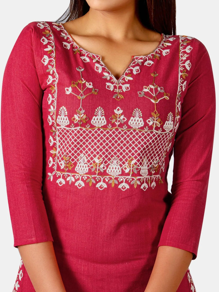 Red embroidered yoke princes line kurta with cream palazzo pant - VJV Now