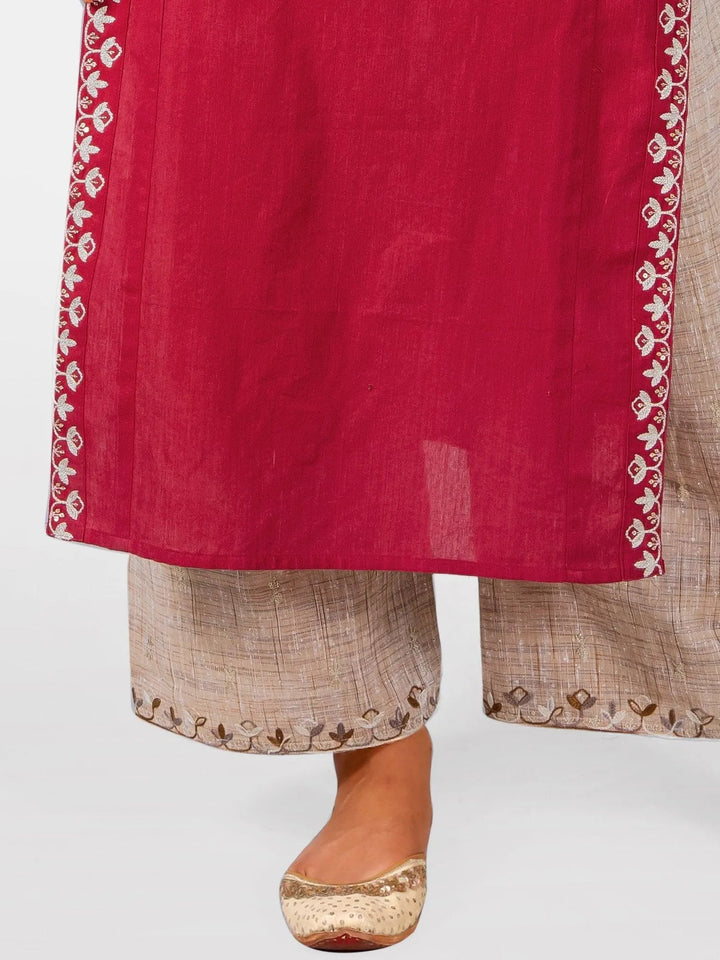 Red embroidered yoke princes line kurta with cream palazzo pant - VJV Now