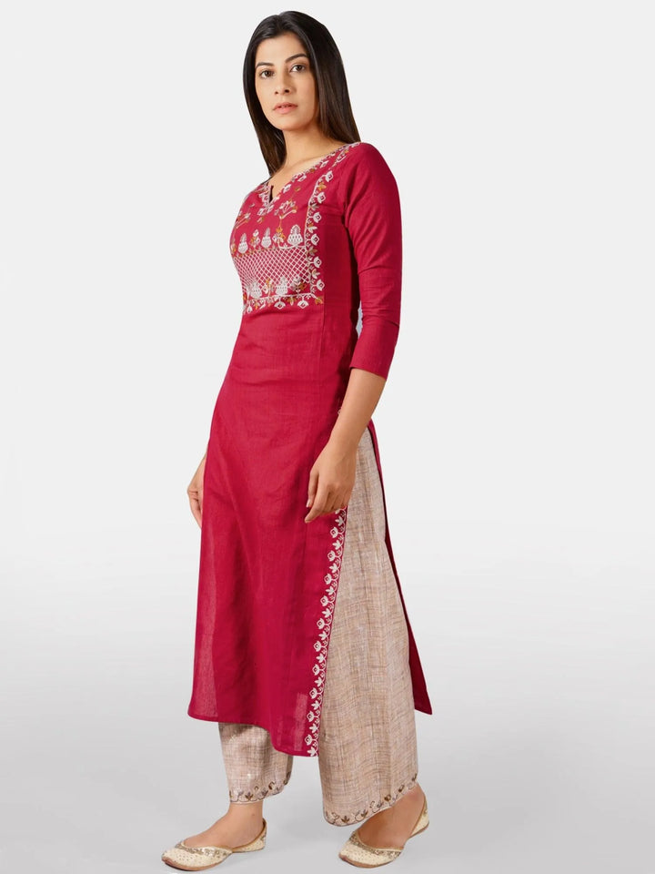 Red embroidered yoke princes line kurta with cream palazzo pant - VJV Now