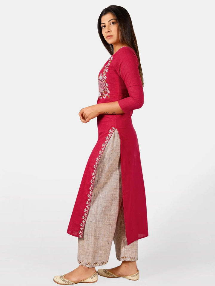 Red embroidered yoke princes line kurta with cream palazzo pant - VJV Now