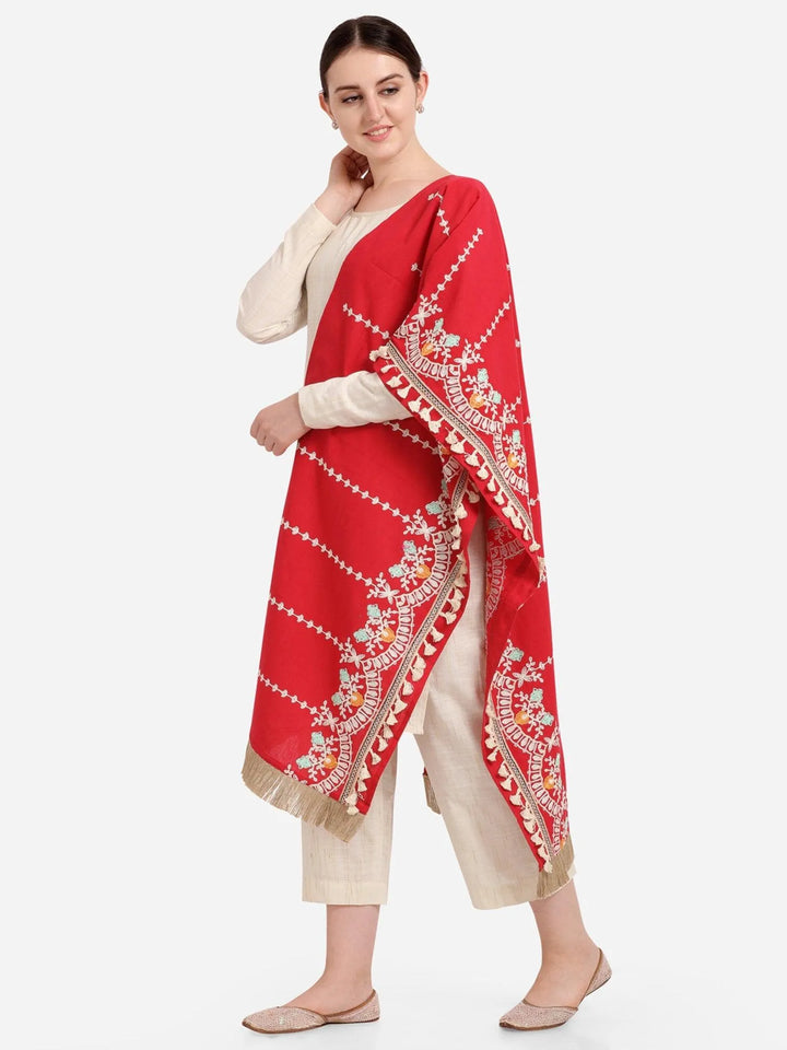 Red Floral Embroidered Stole With Cotton Tassels Lace - VJV Now