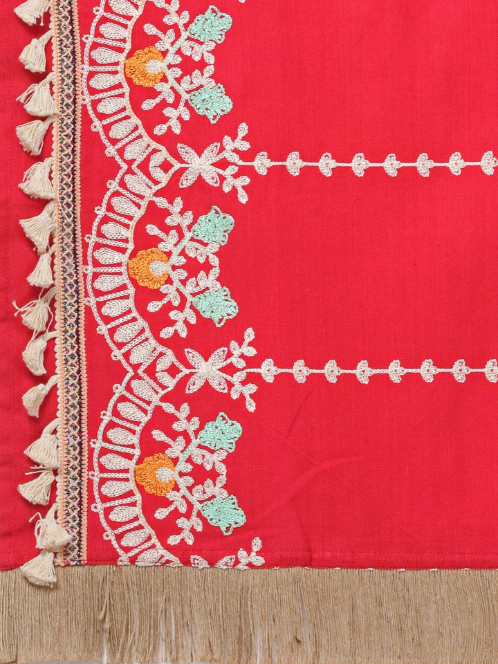 Red Floral Embroidered Stole With Cotton Tassels Lace - VJV Now