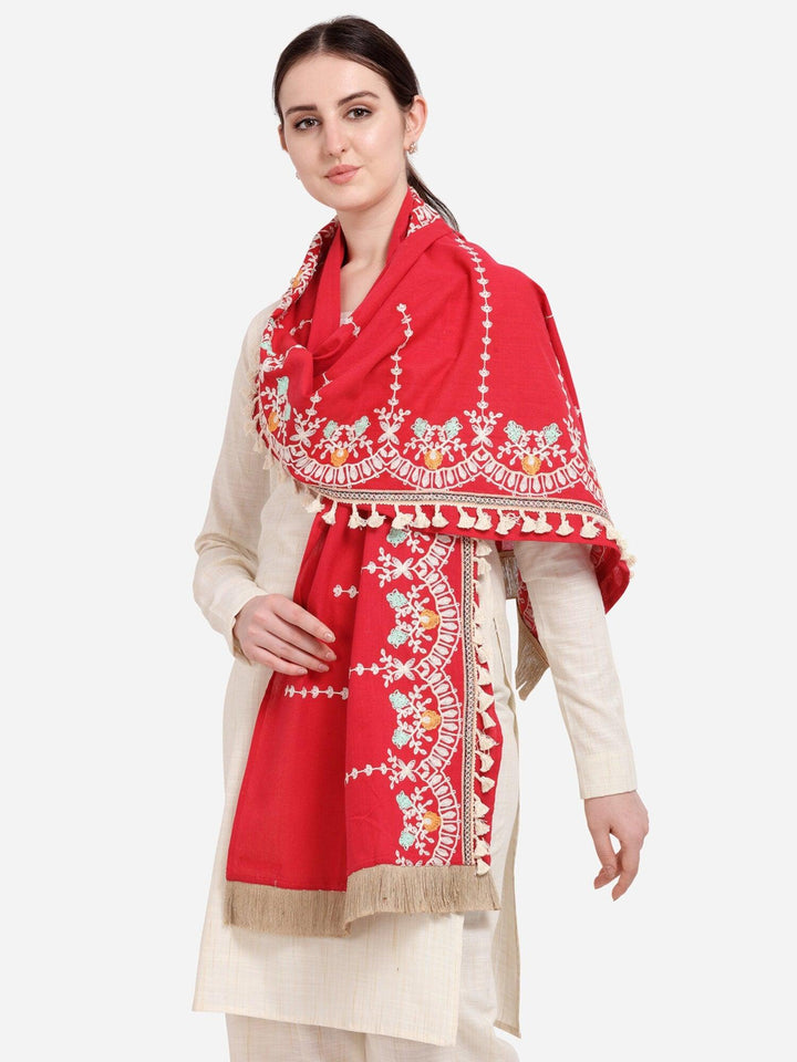 Red Floral Embroidered Stole With Cotton Tassels Lace - VJV Now