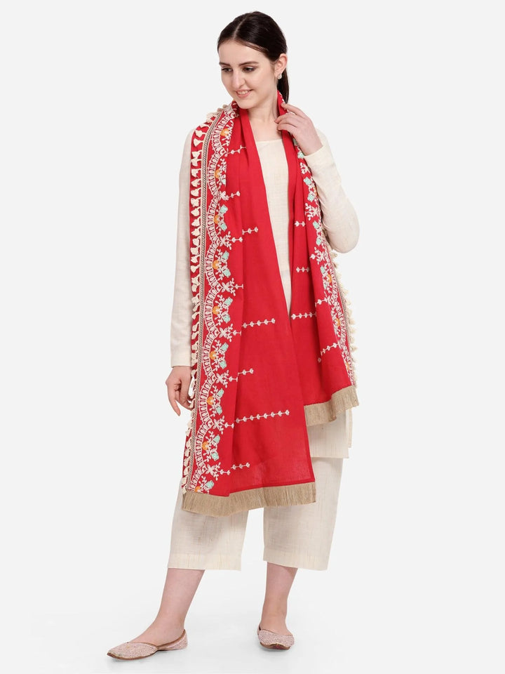 Red Floral Embroidered Stole With Cotton Tassels Lace - VJV Now