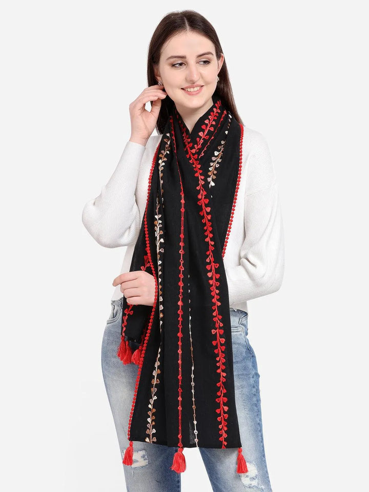 Red Little Hearts Khadi Black Embroidered Stole/Scarf - VJV Now