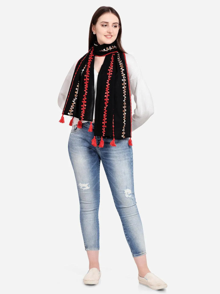 Red Little Hearts Khadi Black Embroidered Stole/Scarf - VJV Now