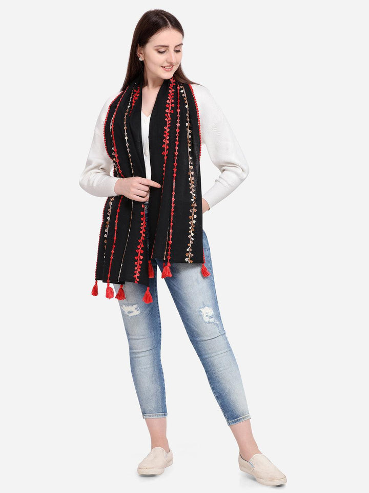 Red Little Hearts Khadi Black Embroidered Stole/Scarf - VJV Now