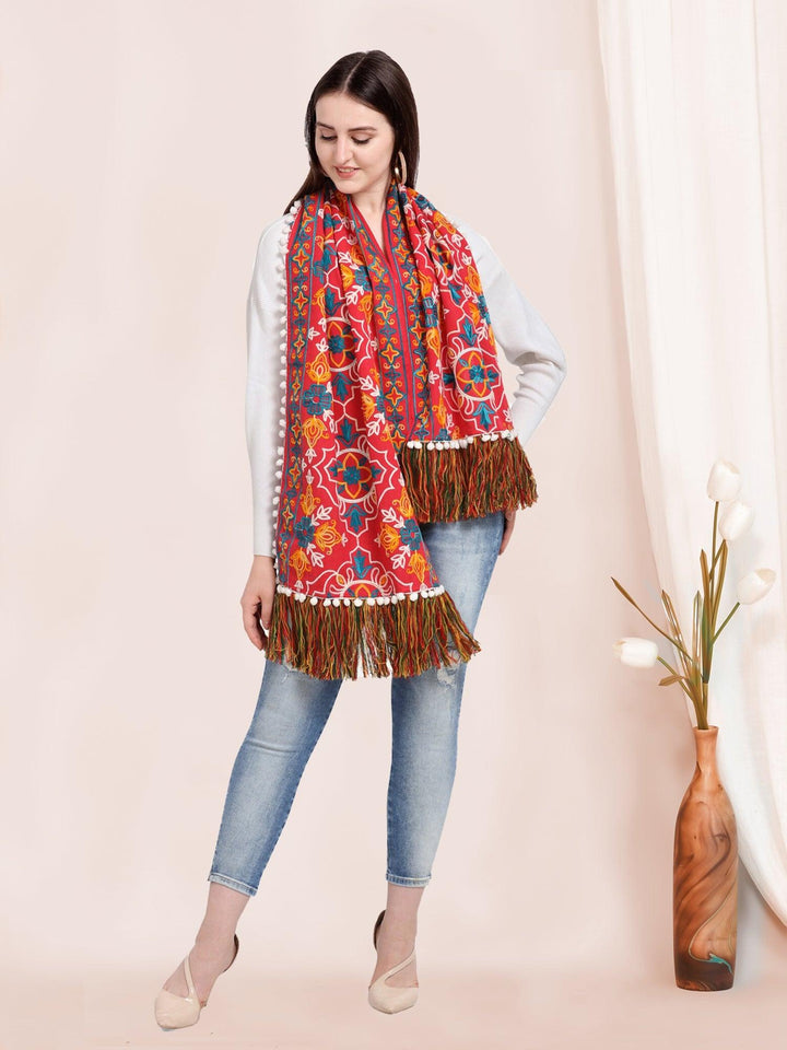 Red Woolen Heavily Embroidered Khadi Muffler - VJV Now