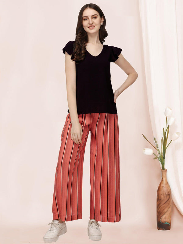 Ruffle Sleeves Black Top With Orange Strip Straight Pant, Daily Wear Co-ordinated Set. - VJV Now