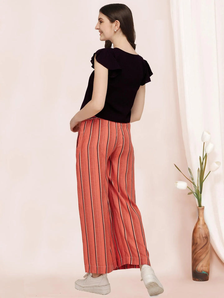 Ruffle Sleeves Black Top With Orange Strip Straight Pant, Daily Wear Co-ordinated Set. - VJV Now