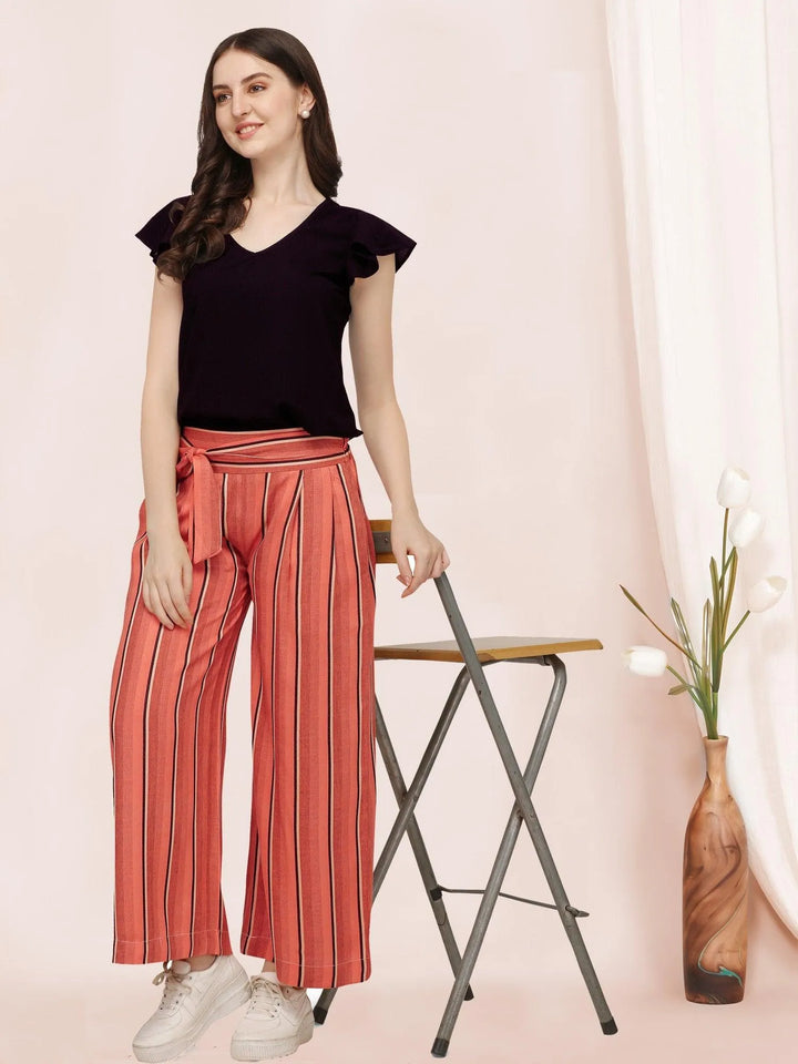 Ruffle Sleeves Black Top With Orange Strip Straight Pant, Daily Wear Co-ordinated Set. - VJV Now